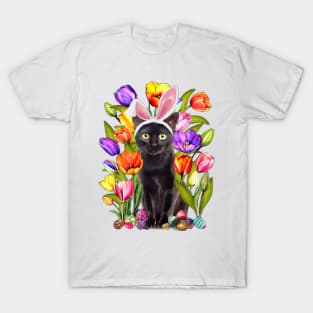 Cat Bunny Ears And Tulip Flowesr Happy Easter Day T-Shirt